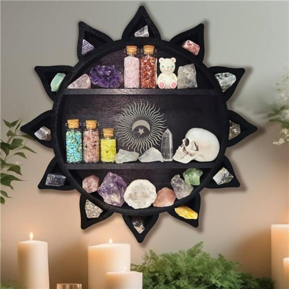 Crystal Display Shelf Wall Mounted Lotus Moon Boho Floating Wooden Decor - Picture 6 of 8
